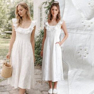 Anthropologie White Midi Eyelet Dress Sundress Ruffle Cottage Prairie Embroidery